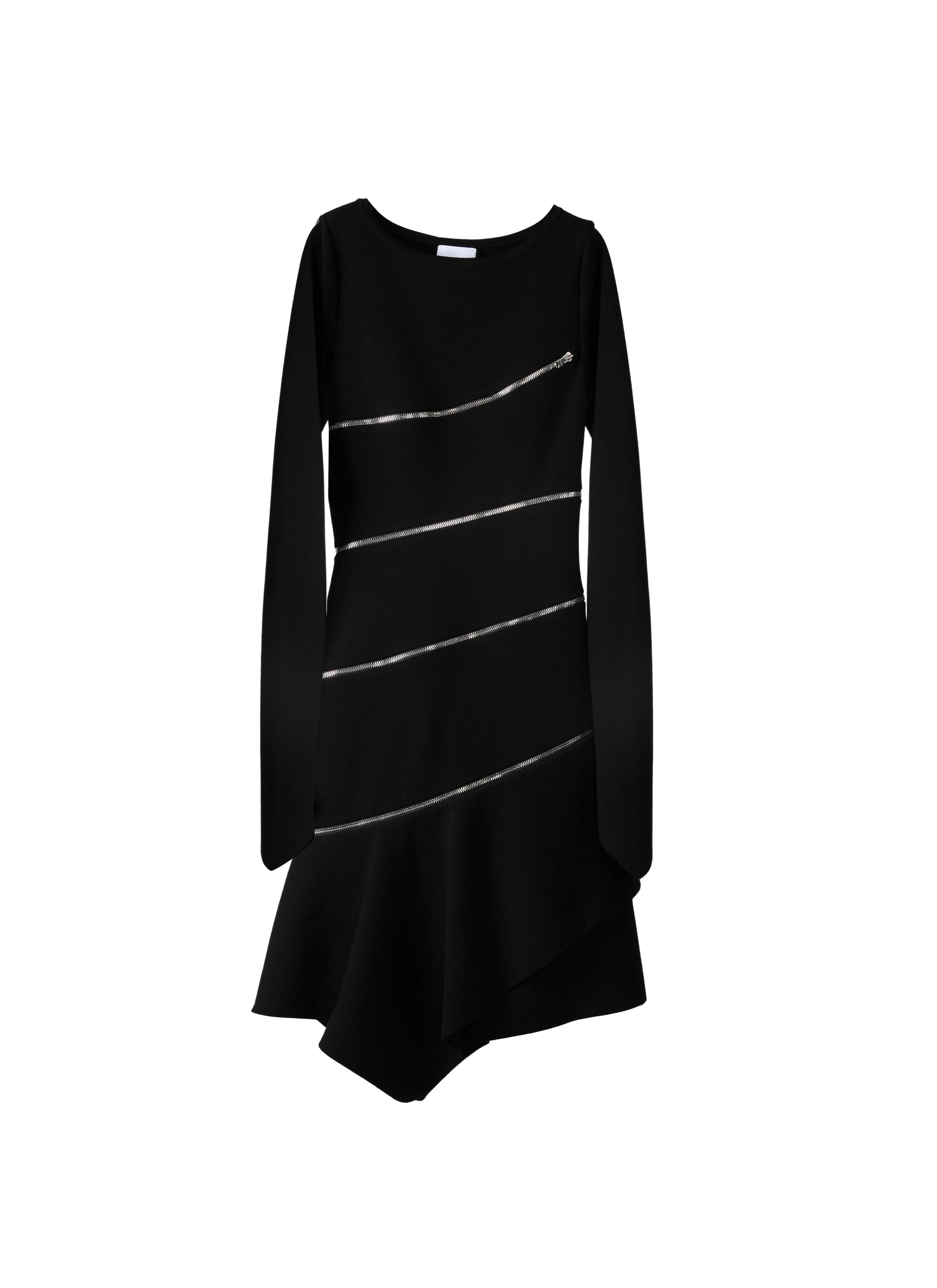 Robe droite zippée à manches longues en laine - Noir