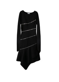 Long-sleeved zipped straight dress in wool - Black
