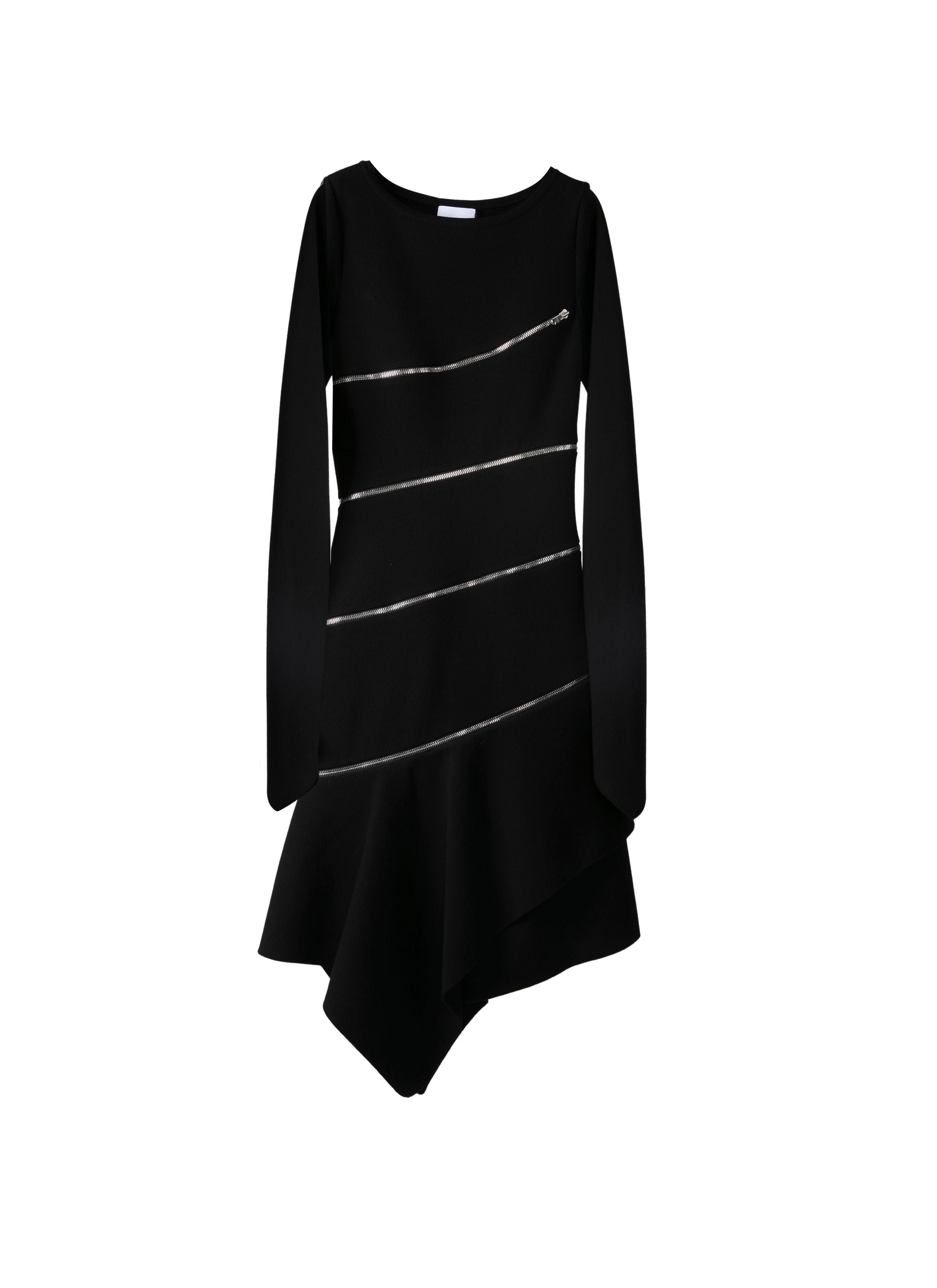 Long-sleeved zipped straight dress in wool - Black