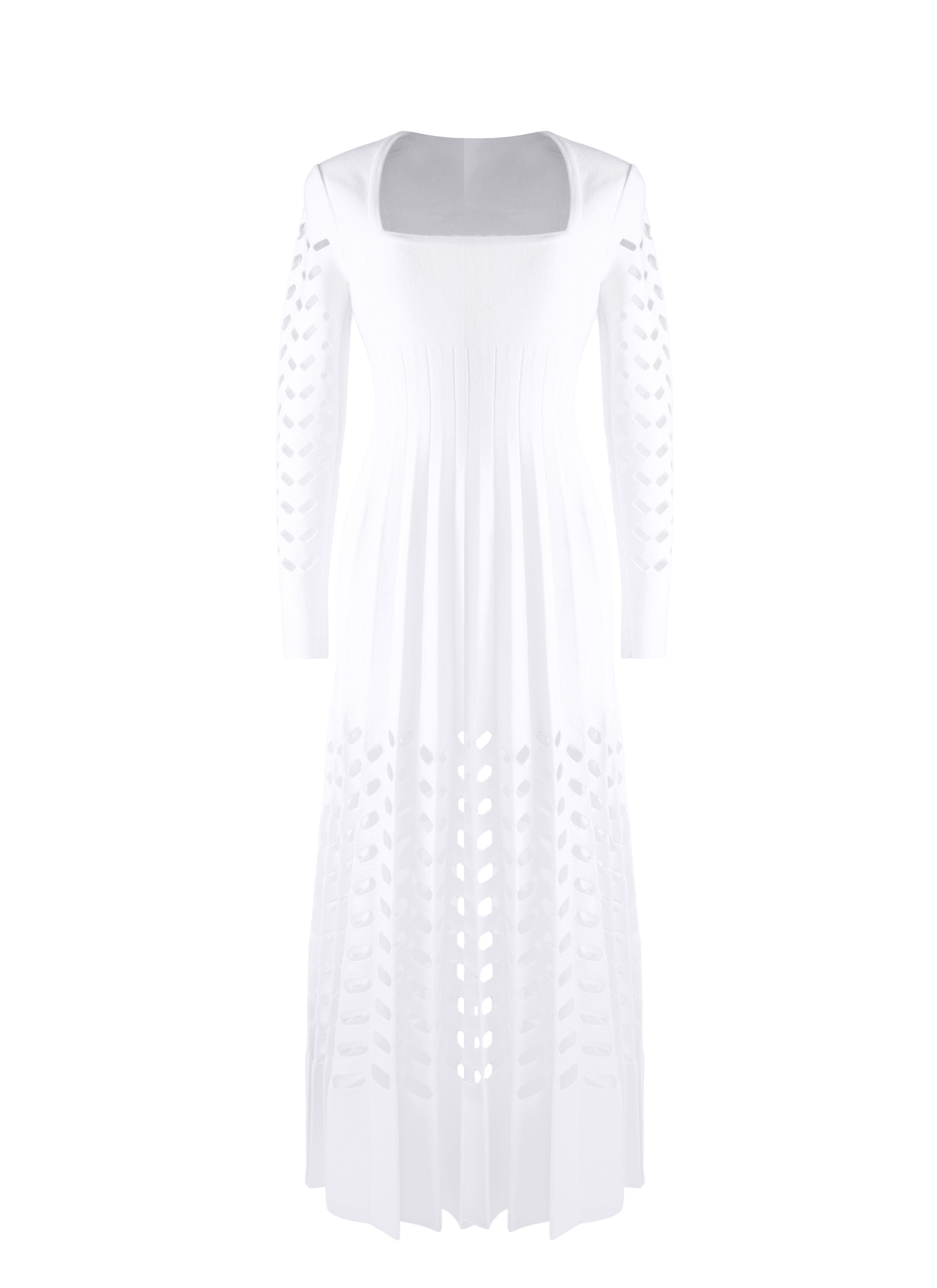 Robe plissée à manches longues en laine - Ivoire
