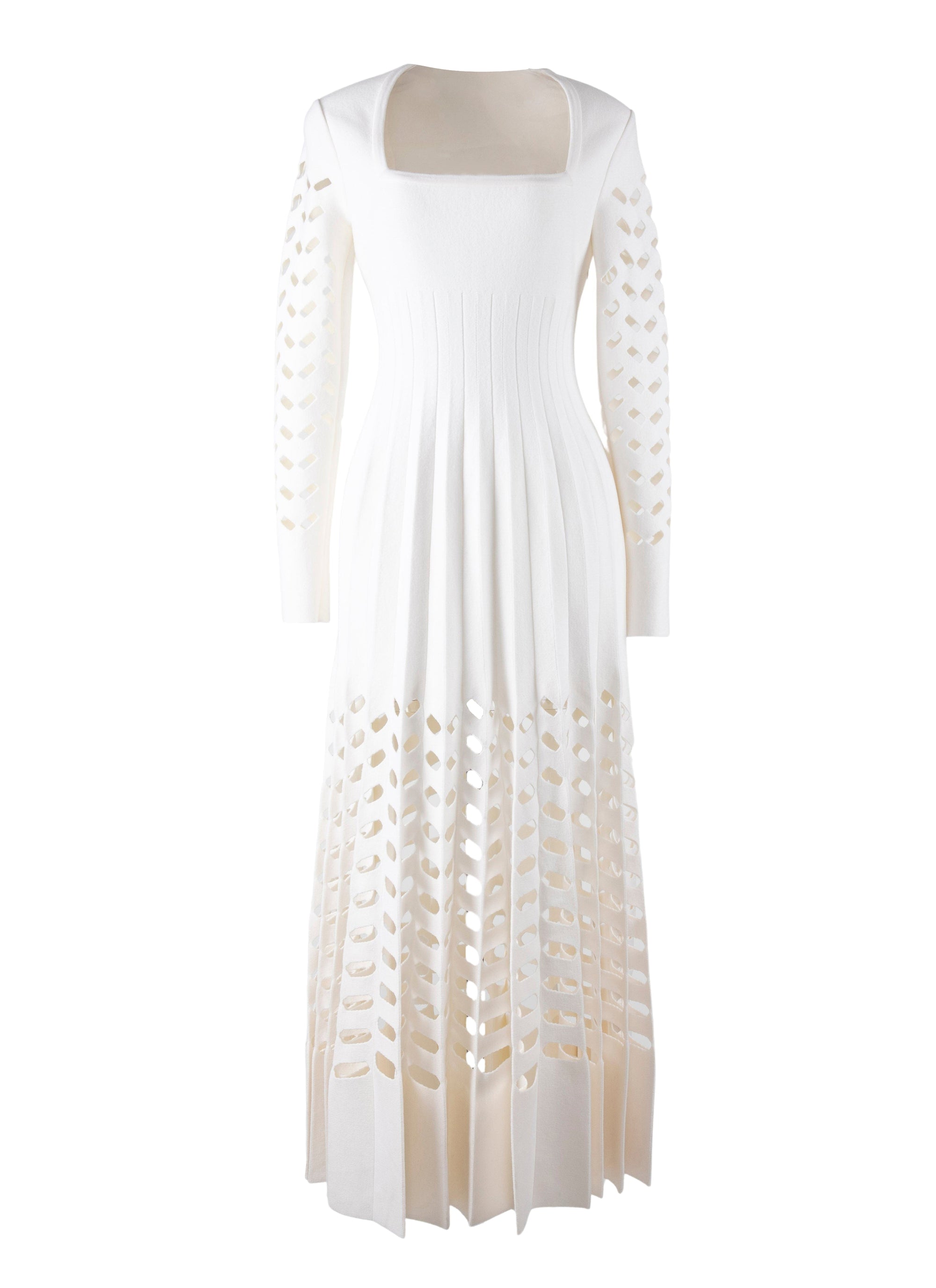 Long-sleeved pleated wool dress - Ivory