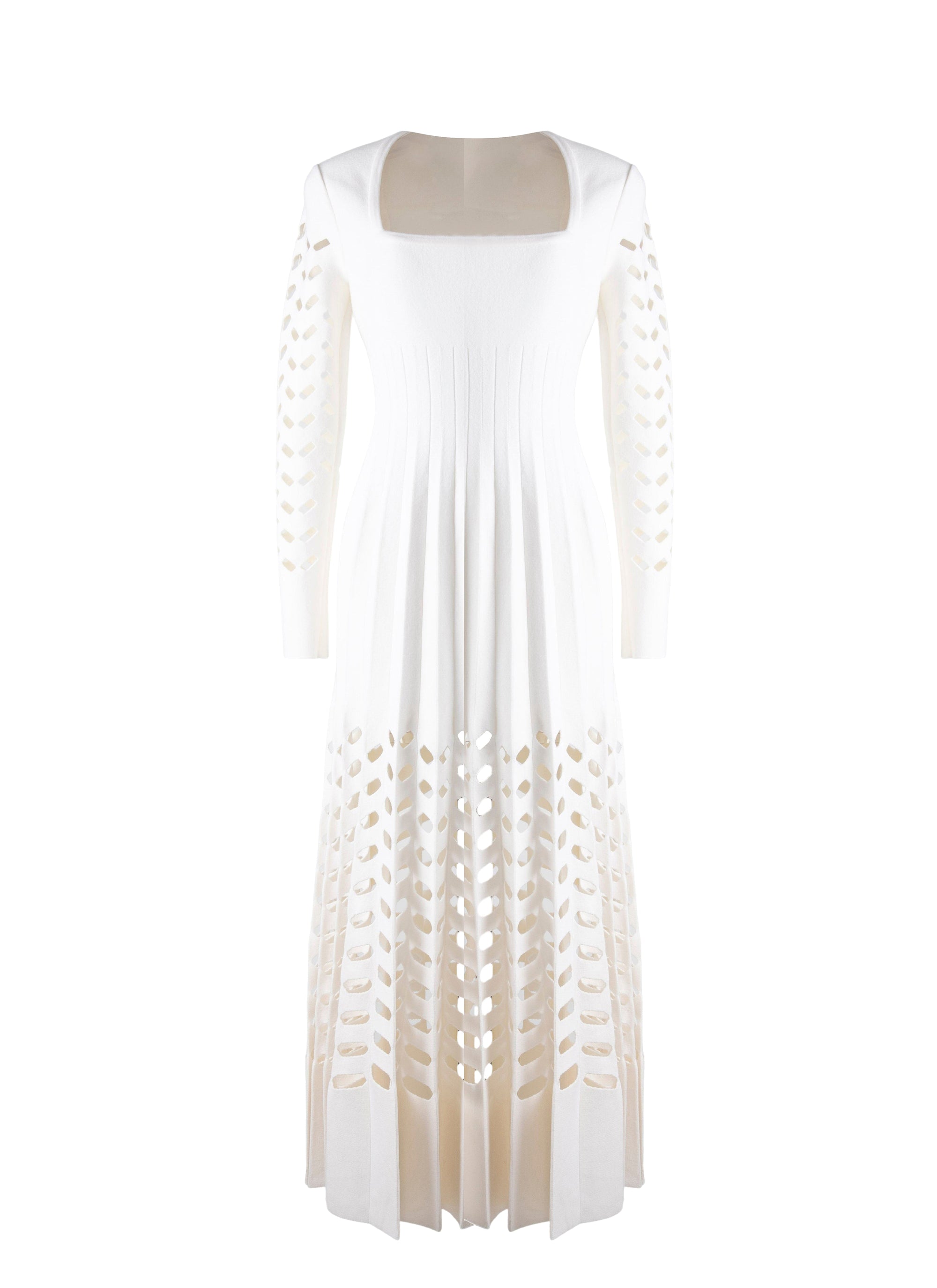 Long-sleeved pleated dress in wool - Ivory