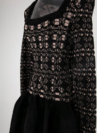 Embroidered short dress with long mesh sleeves - Black & Nude