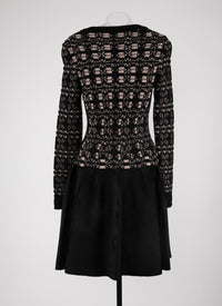 Embroidered short dress with long mesh sleeves - Black & Nude