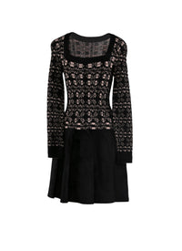 Embroidered short dress with long mesh sleeves - Black & Nude