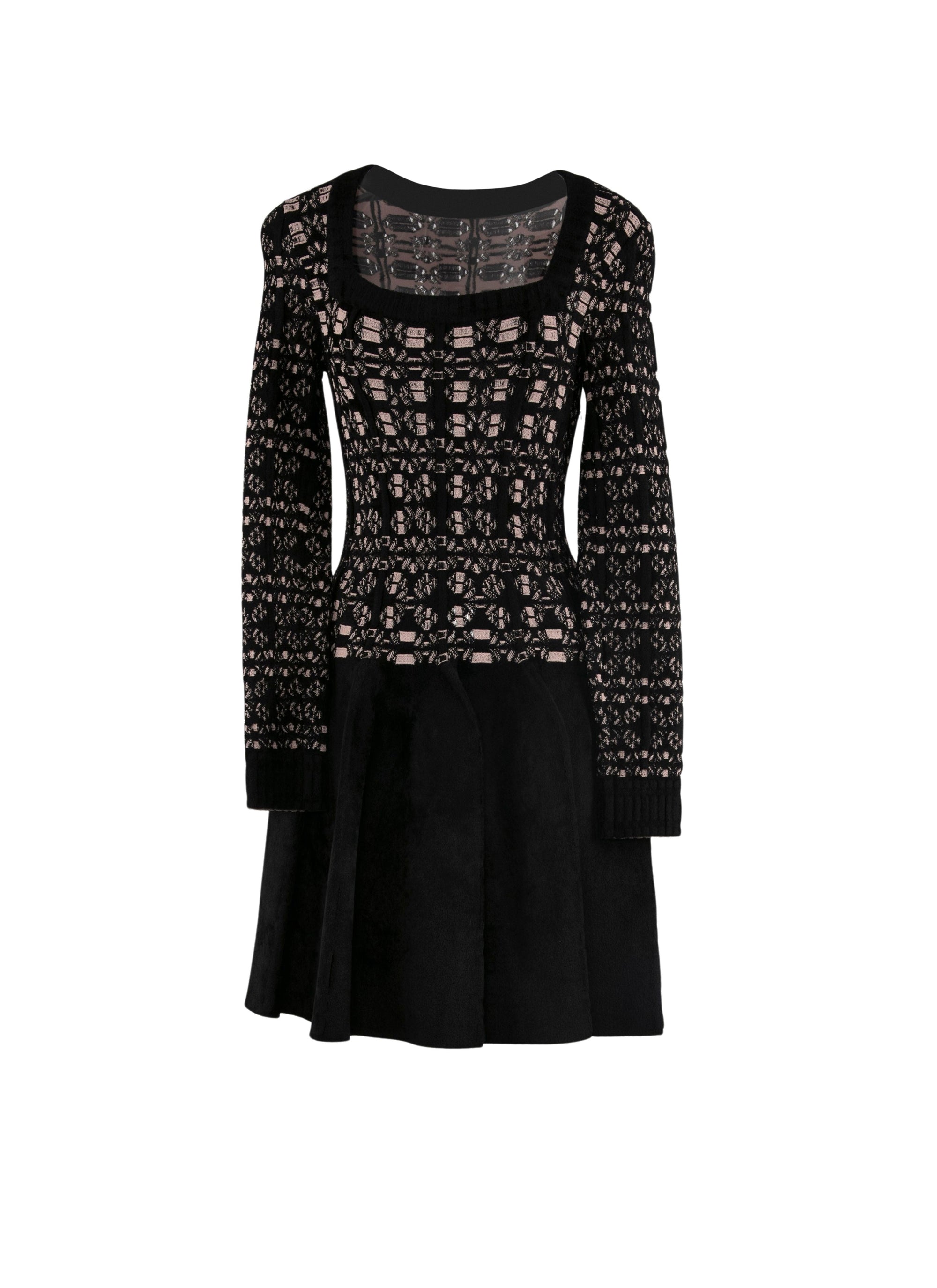 Embroidered short dress with long mesh sleeves - Black & Nude