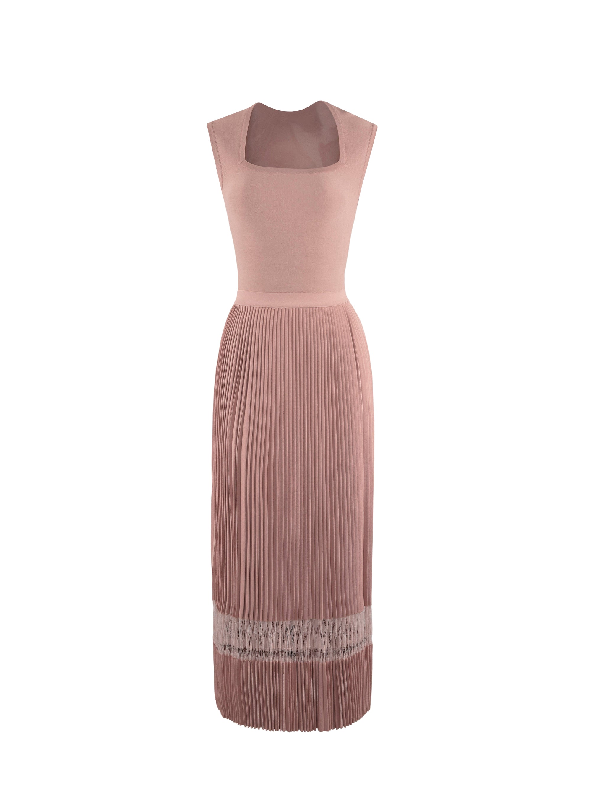 Sleeveless midi dress with open square knit collar - Flesh Pink