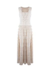 Long evening dress with silk mini frills - Ivory