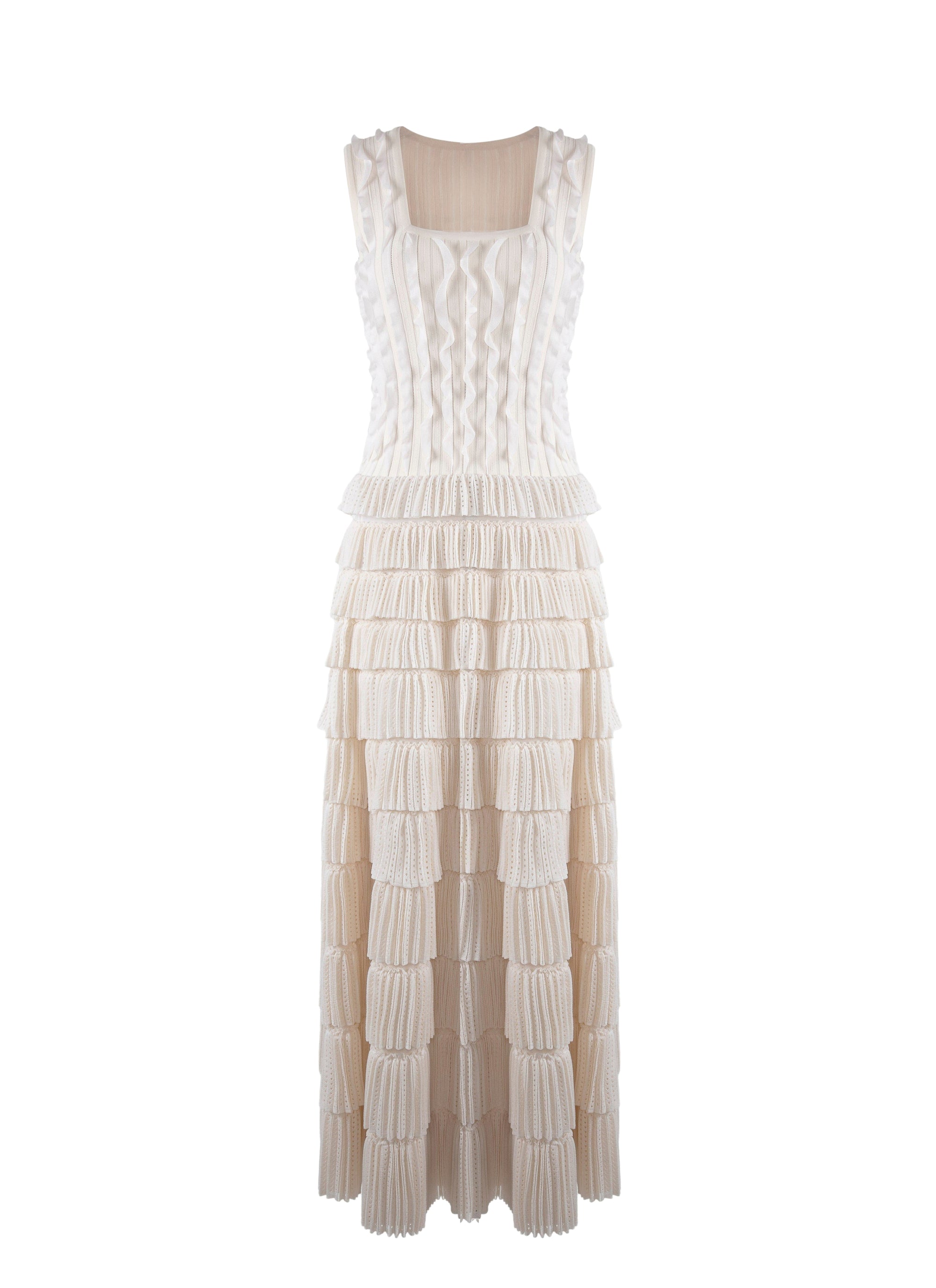 Long evening dress with silk mini frills - Ivory