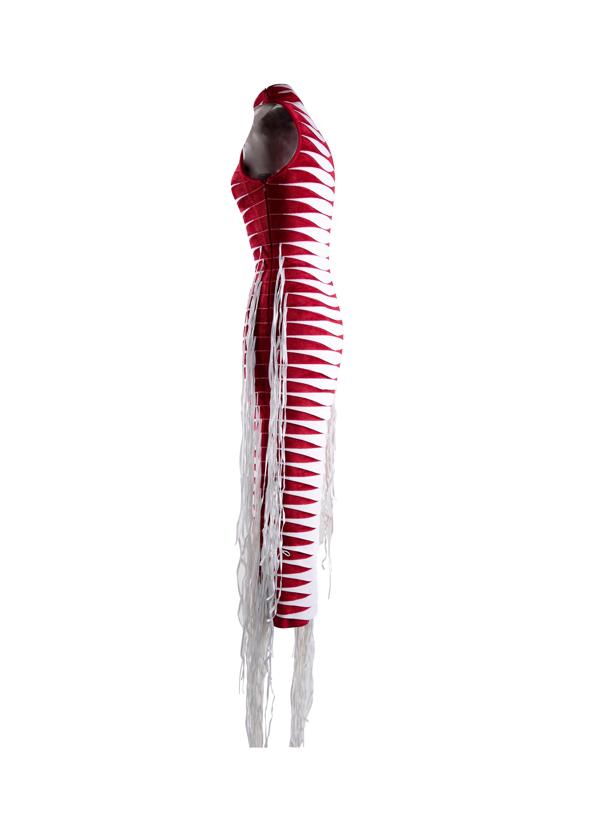 High neck velvet knit dress - Red & White