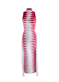 High neck velvet knit dress - Red & White
