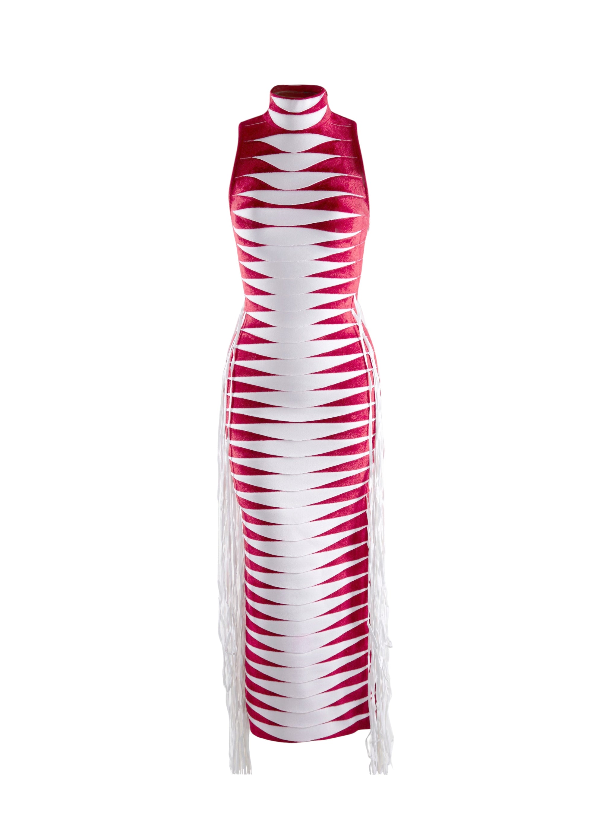 High neck velvet knit dress - Red & White