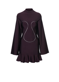 Robe patiniste courte ajourée à manches longues - Aubergine
