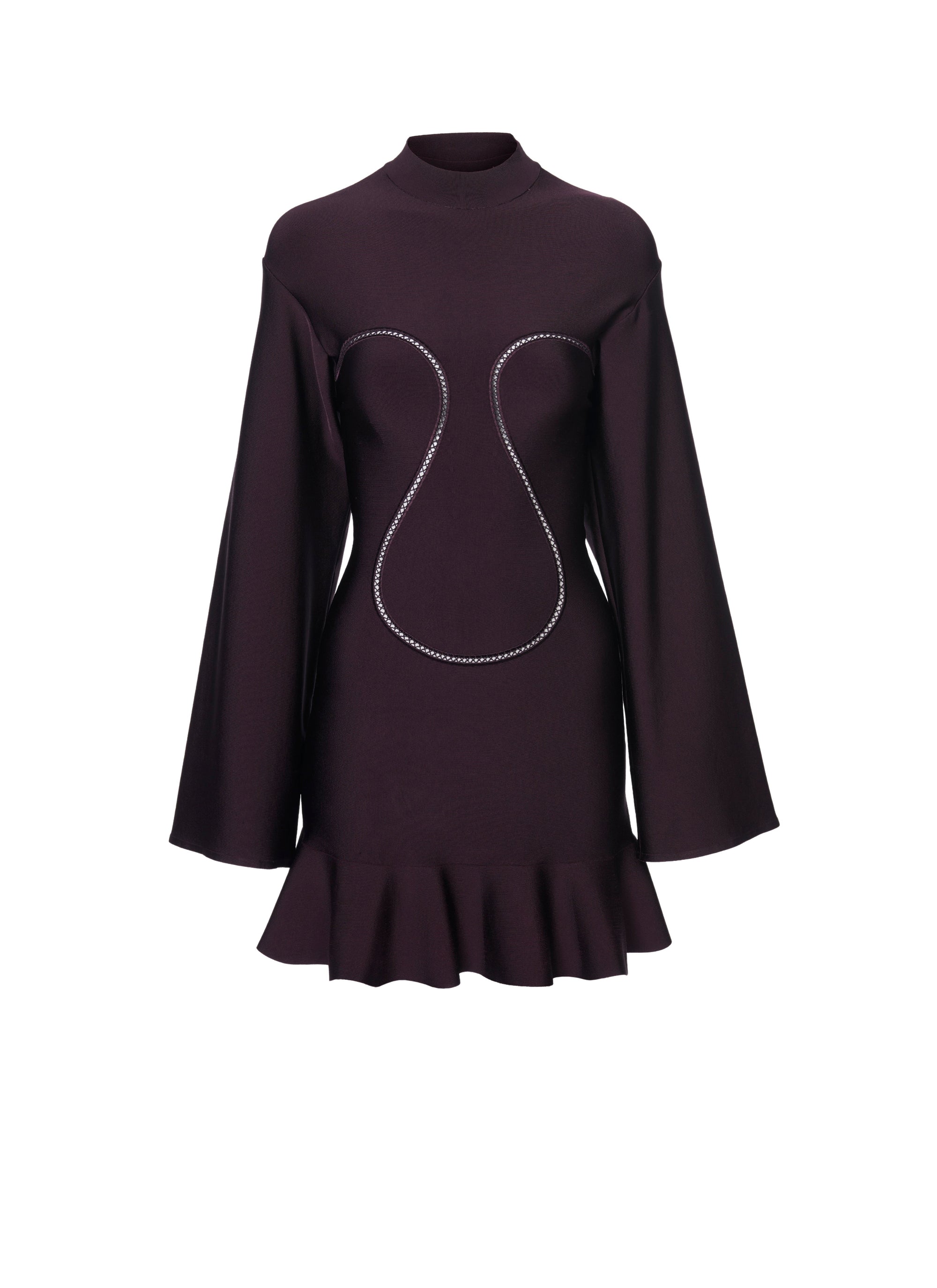Robe patiniste courte ajourée à manches longues - Aubergine