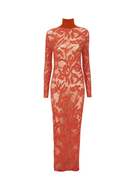 Robe longue en dentelle stretch - Orange foncé