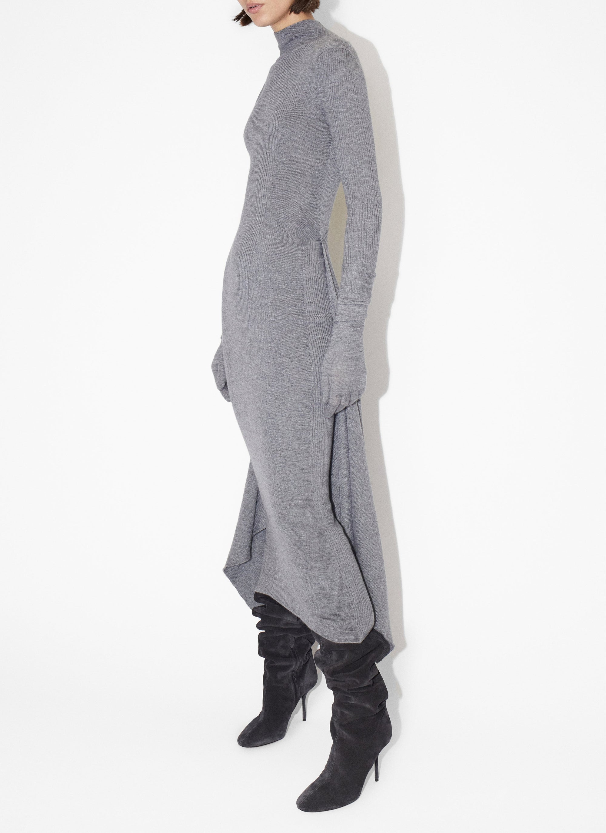 Multi-waisted straight dress in cashmere and silk - Heather grey