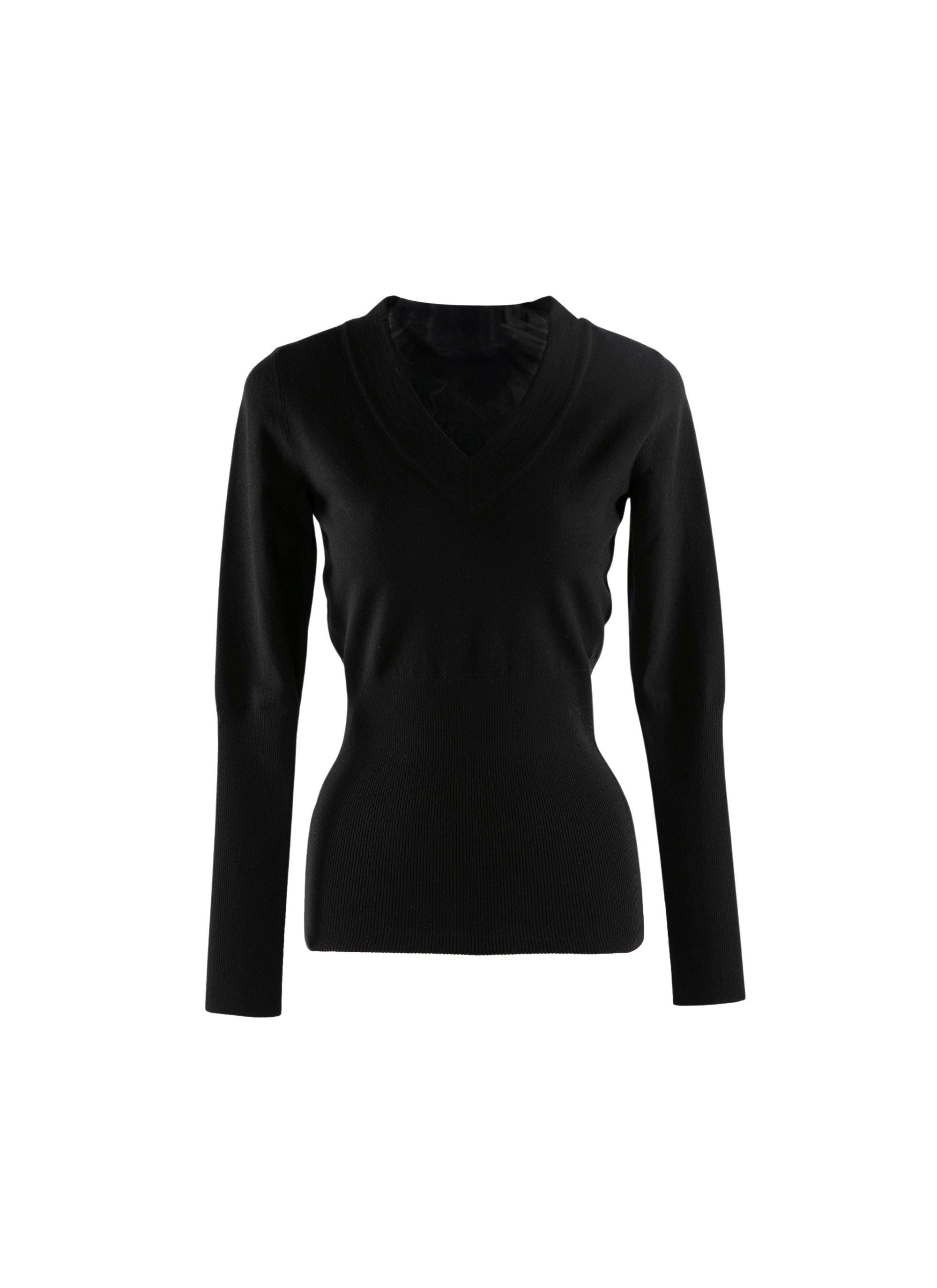 Long-sleeved slim-fit wool v-neck jumper - Black intense
