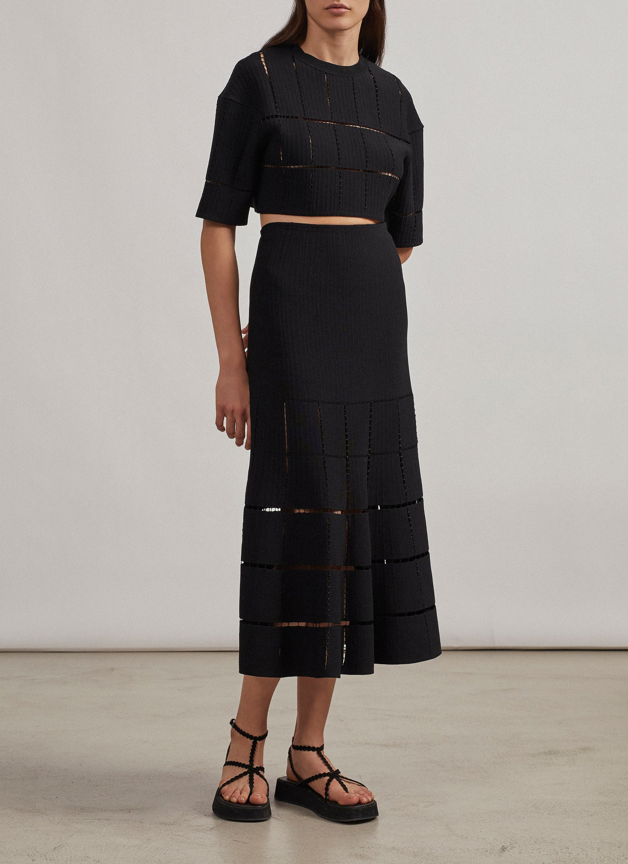 Short-sleeved knit and raffia jumper - Black intense