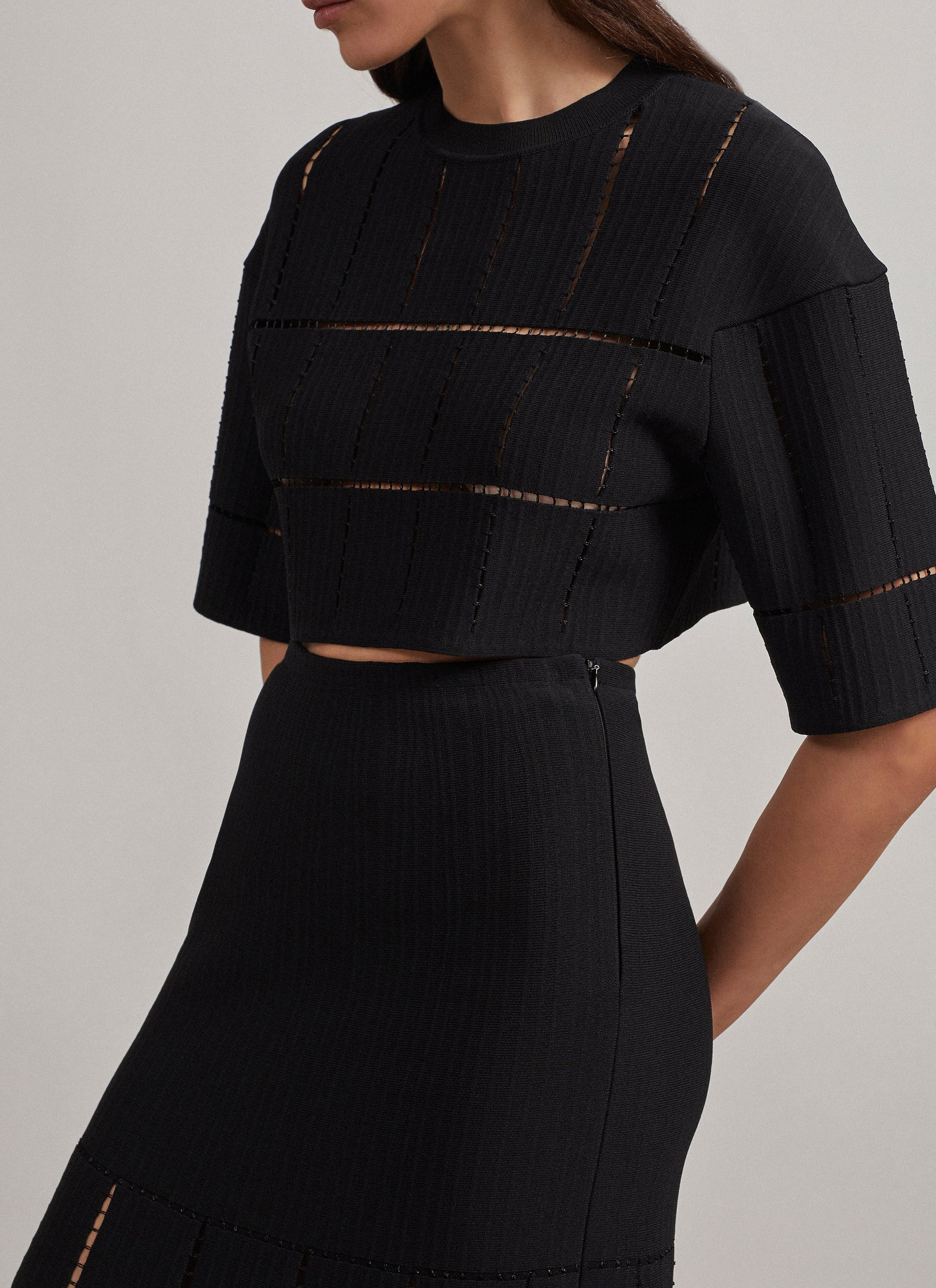 Short-sleeved knit and raffia jumper - Black intense