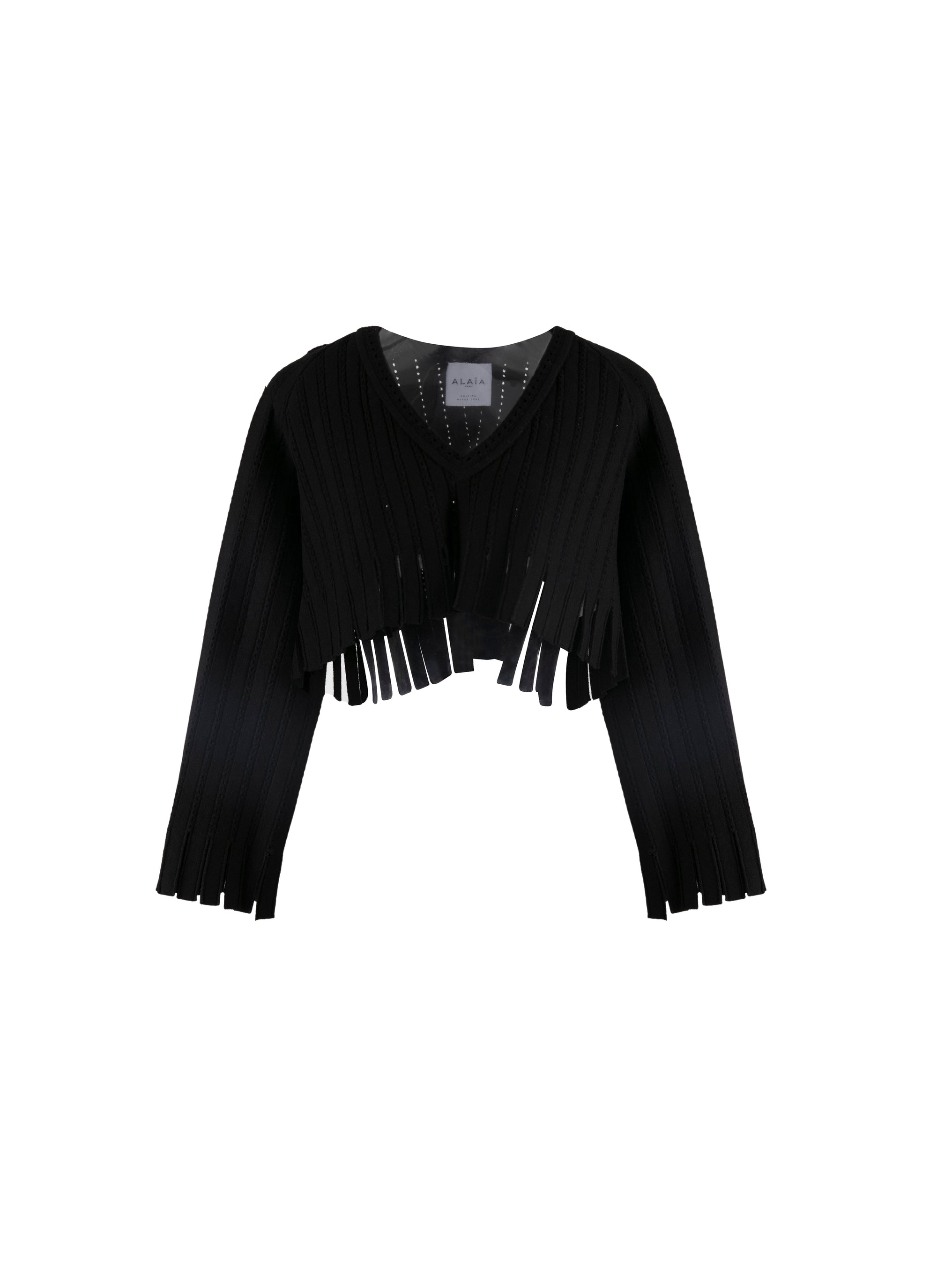 Pull court à franges en laine - Noir