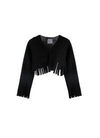 Pull court à franges en laine - Noir
