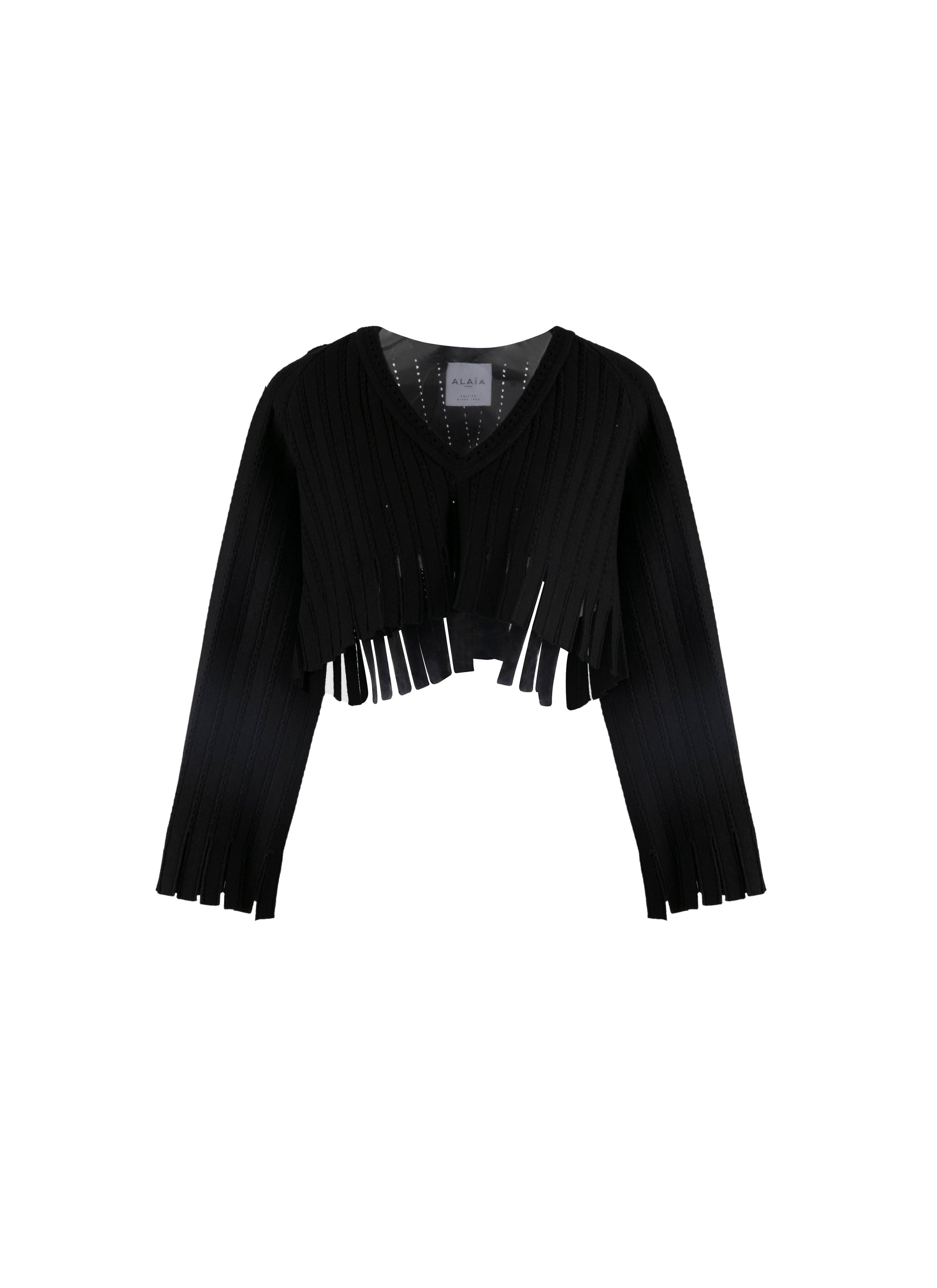 Pull court à franges en laine - Noir