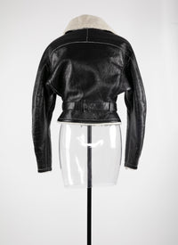 Blouson aviateur ceinturée en cuir - Noir & Blanc