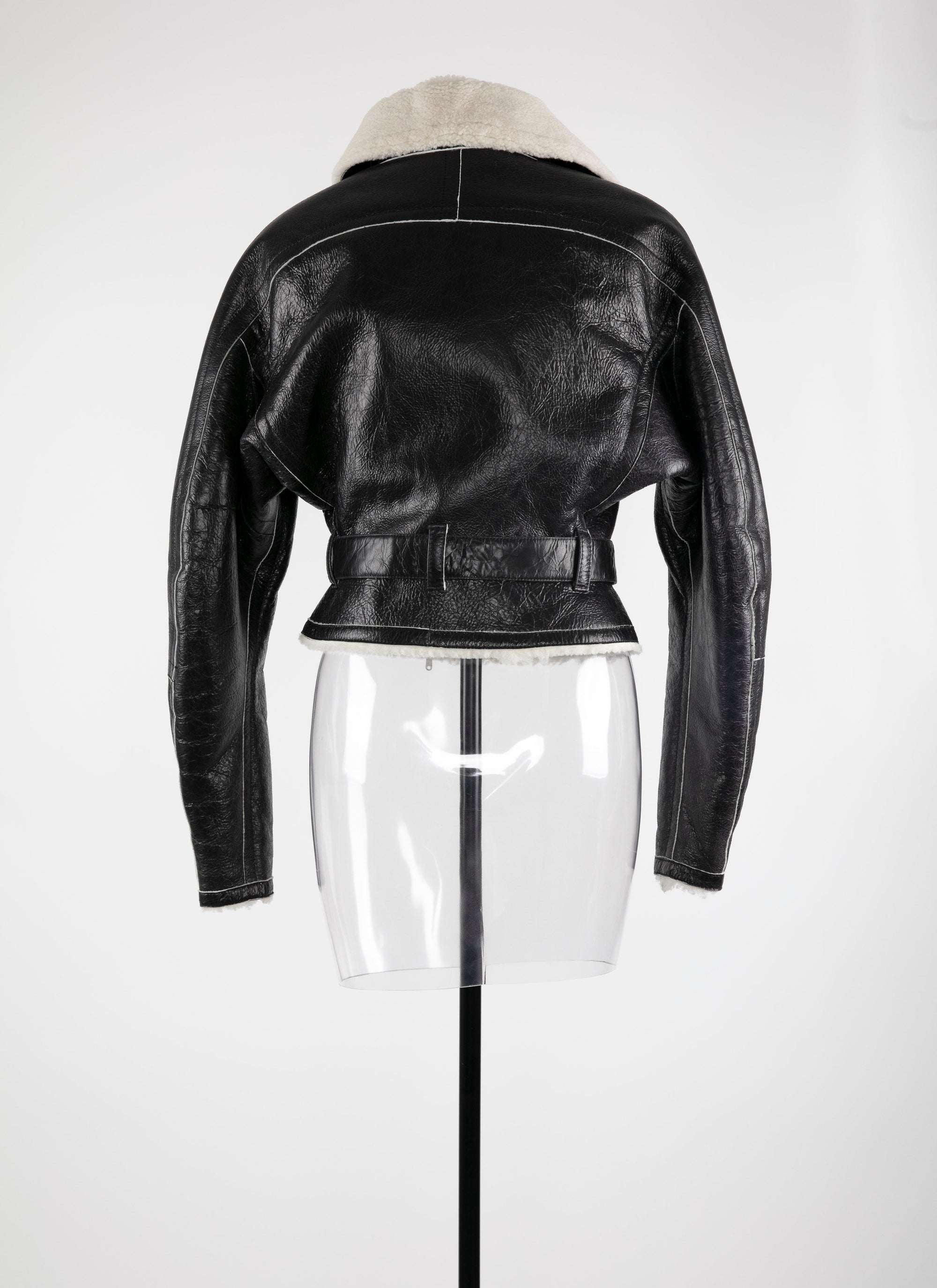 Blouson aviateur ceinturée en cuir - Noir & Blanc