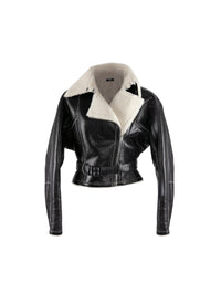 Blouson aviateur ceinturée en cuir - Noir & Blanc