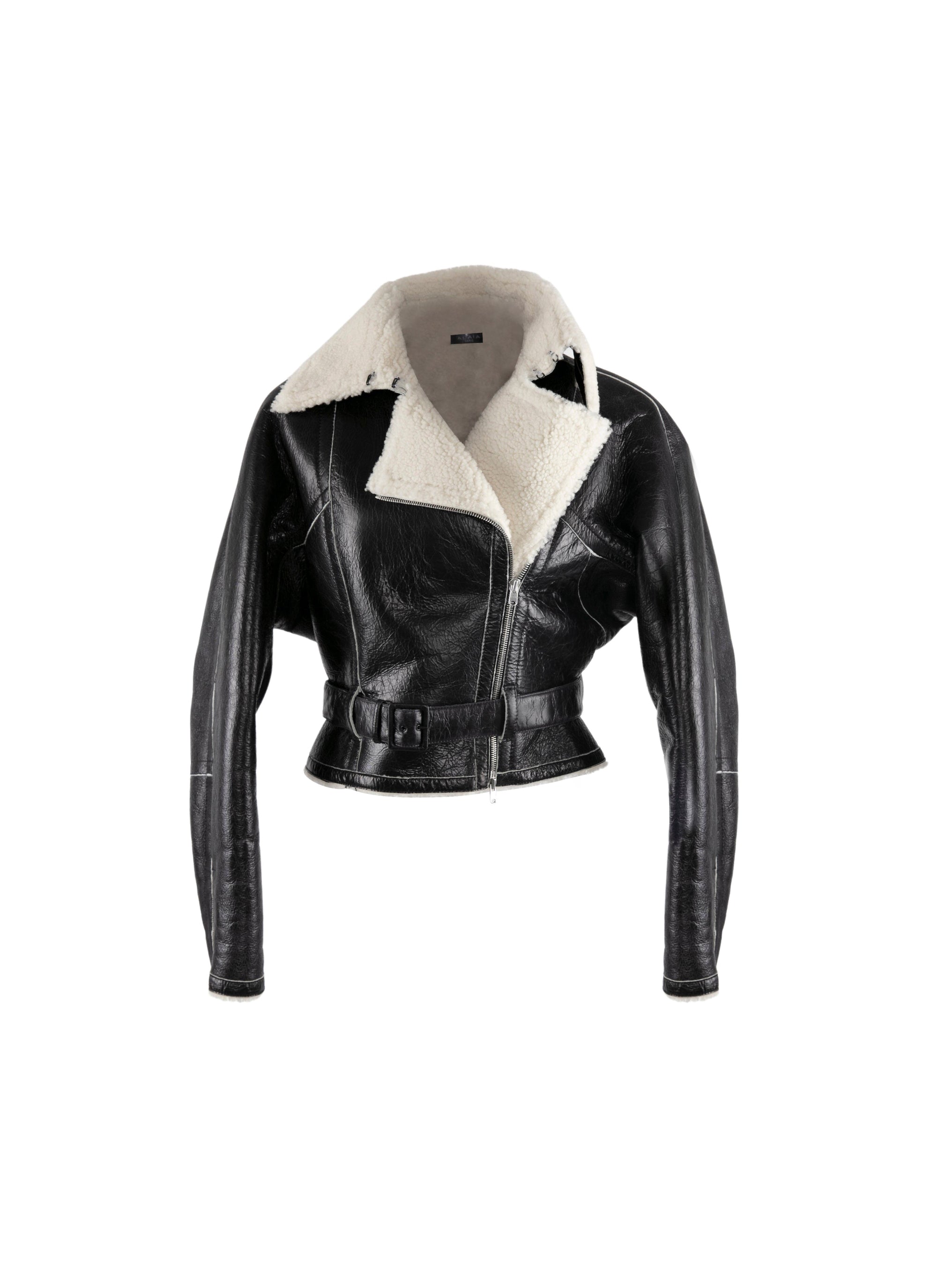 Blouson aviateur ceinturée en cuir - Noir & Blanc