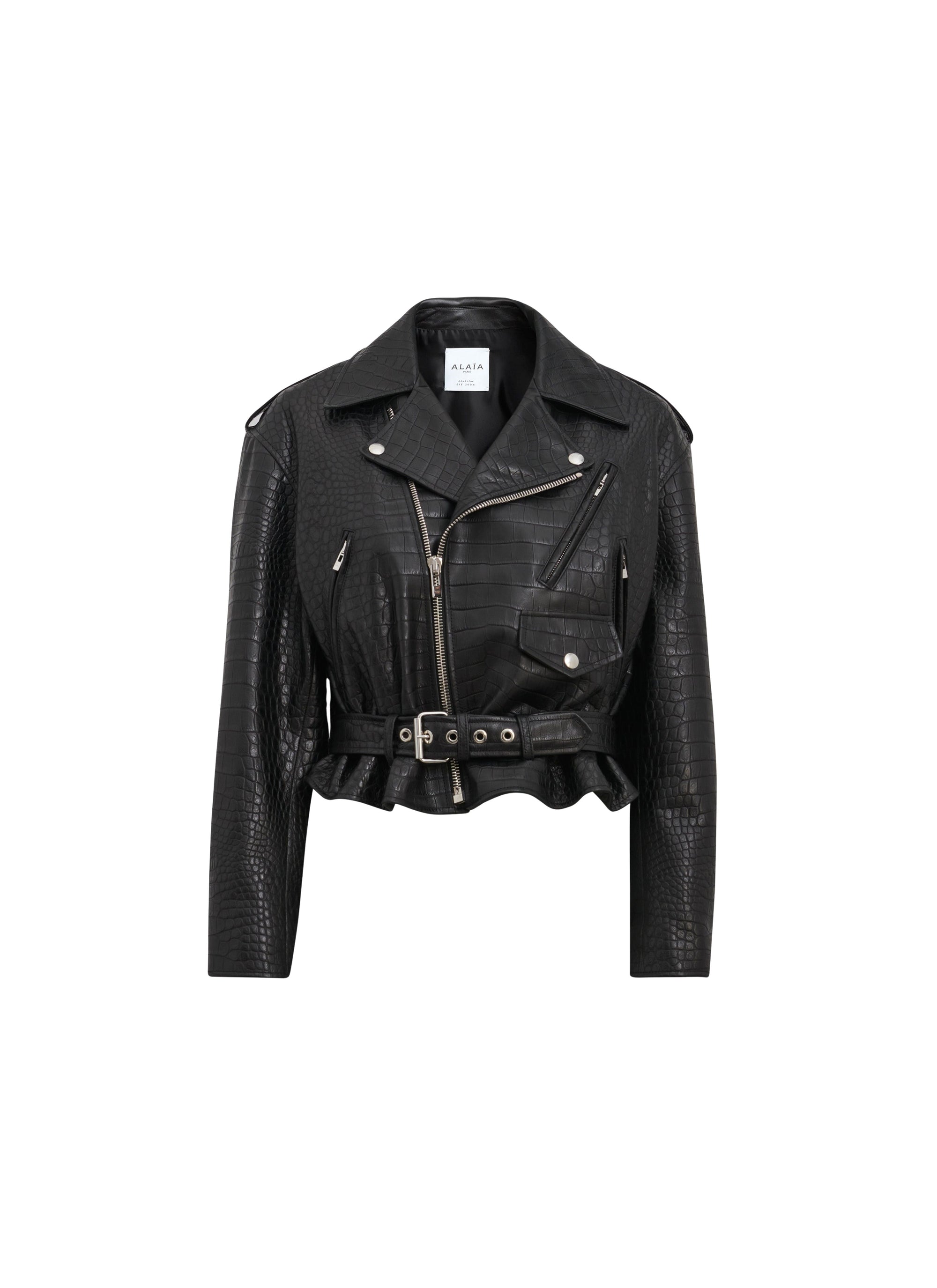 Veste biker en cuir imprimé croco - Noir Alaïa