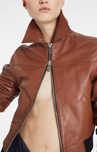 Veste zippée en cuir - Tabac