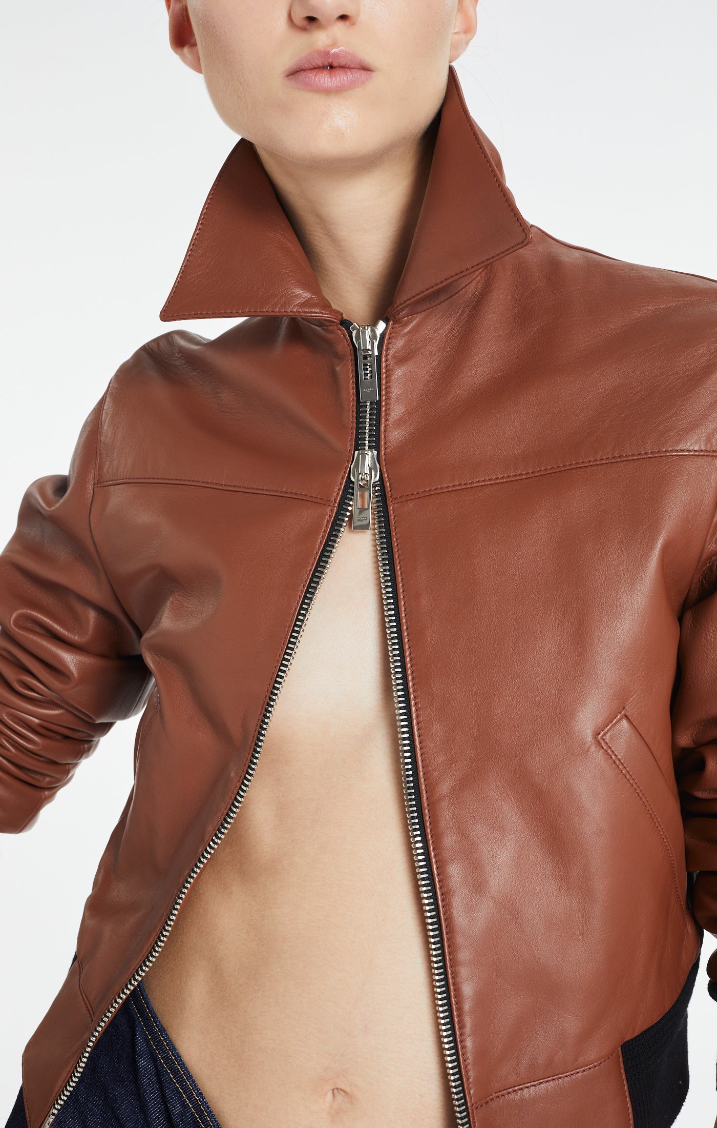 Veste zippée en cuir - Tabac