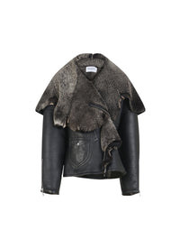 Blouson aviateur à capuche en cuir - Givre Noir