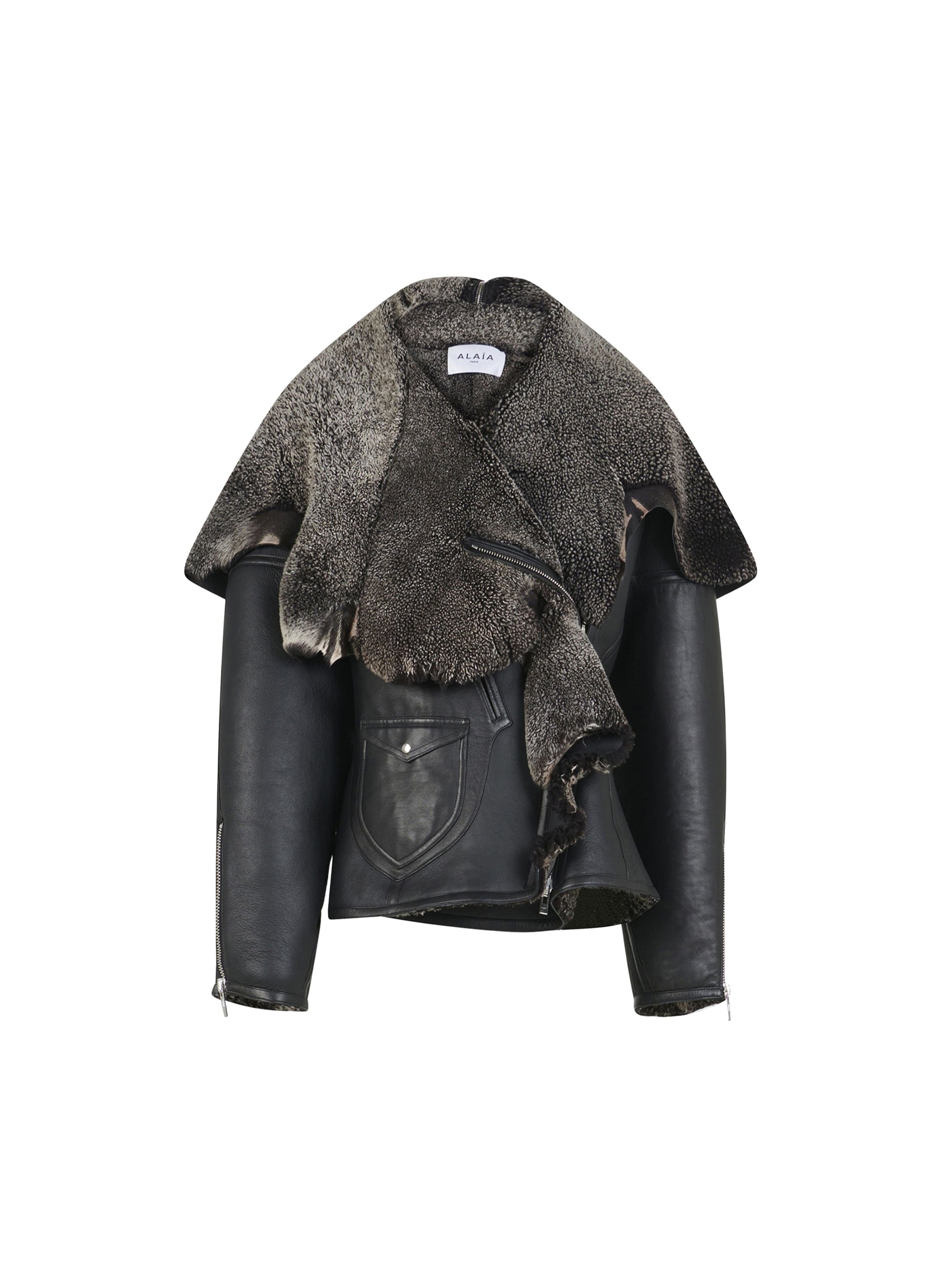 Blouson aviateur à capuche en cuir - Givre Noir
