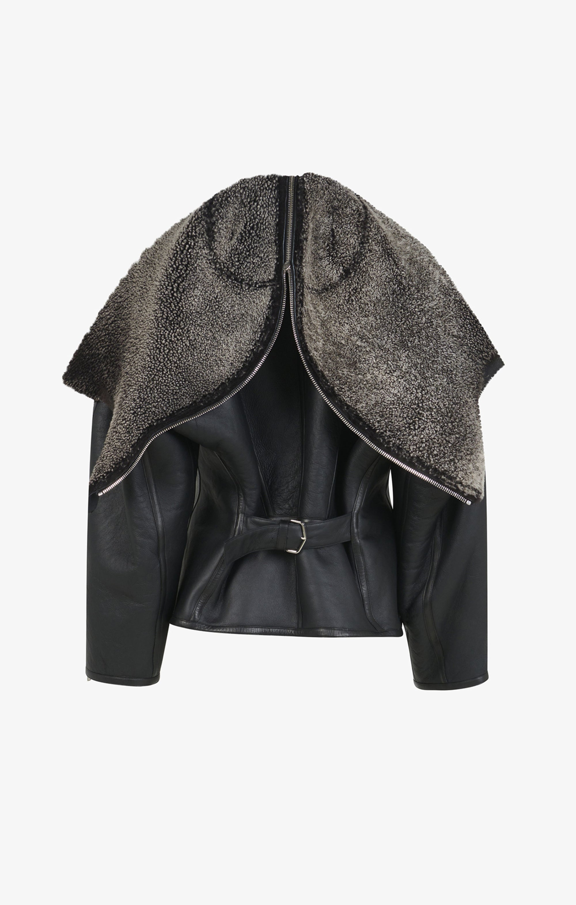 Blouson aviateur à capuche en cuir - Givre Noir