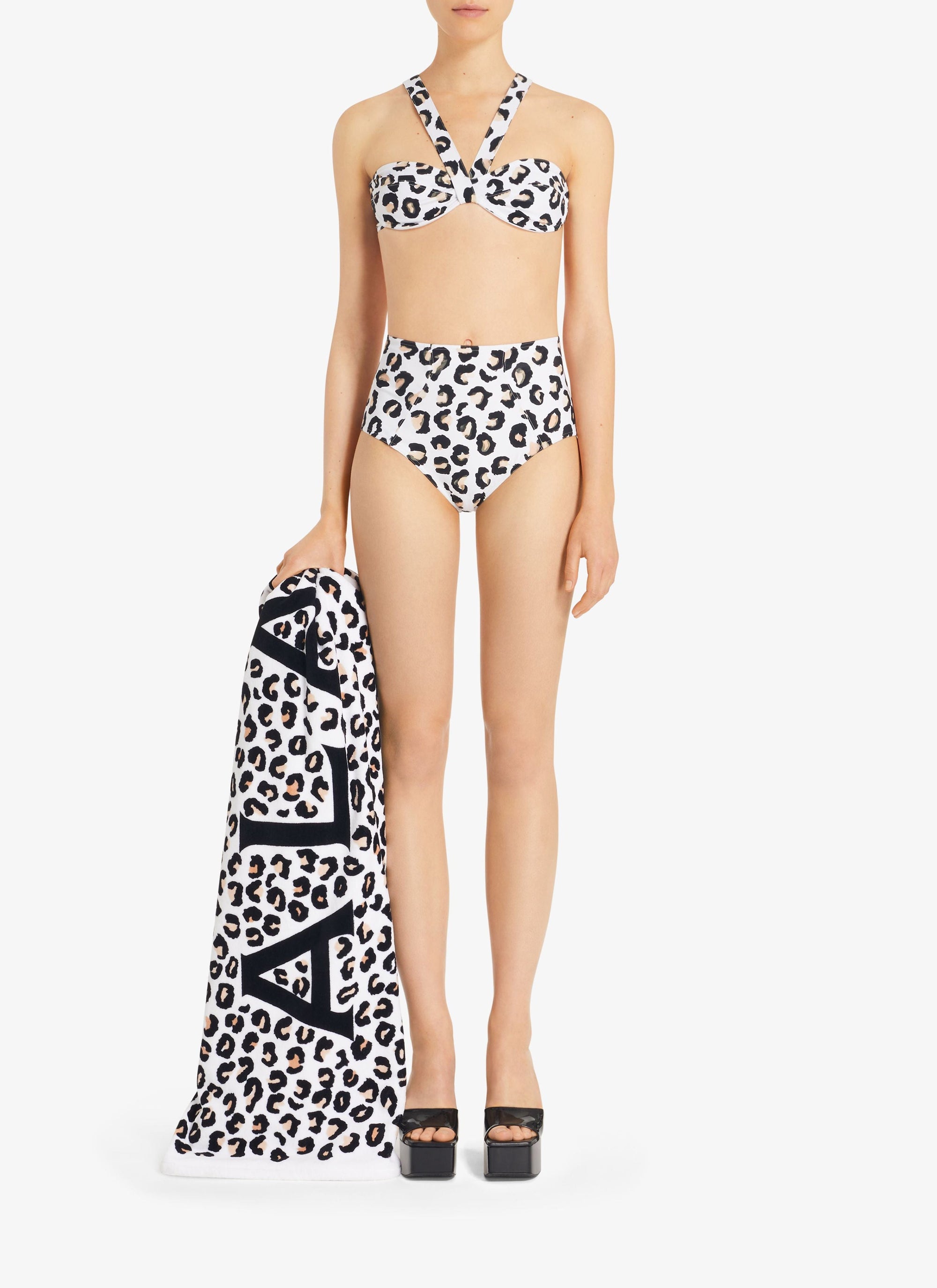 Maillot de bain taille haute à imprimé léopard - Blanc & Noir