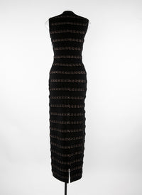 Sleeveless maxi dress with horizontal perforated stripes in wool - Black & Flesh