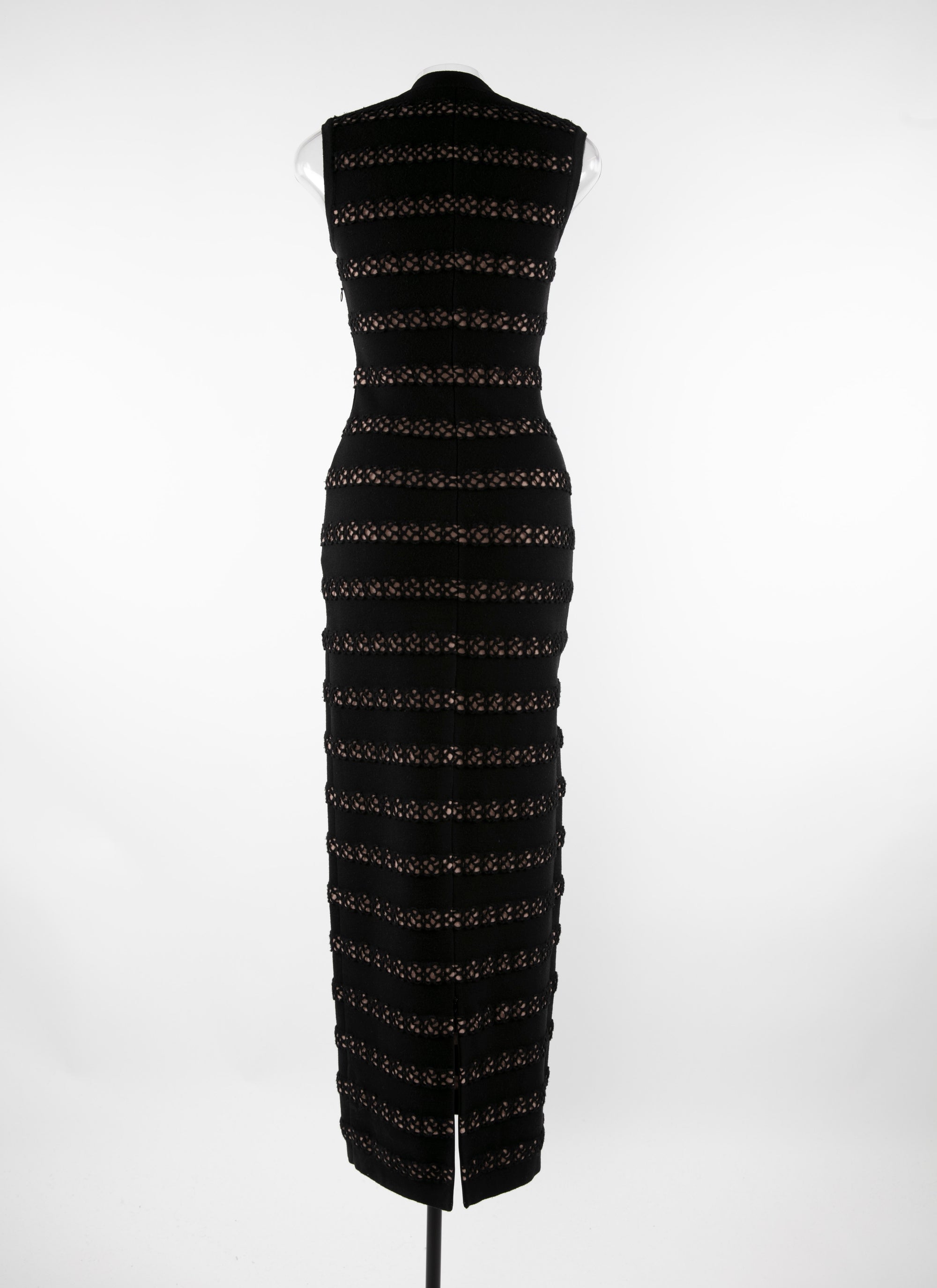 Sleeveless maxi dress with horizontal perforated stripes in wool - Black & Flesh