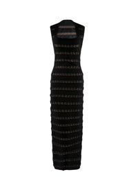 Sleeveless maxi dress with horizontal perforated stripes in wool - Black & Flesh