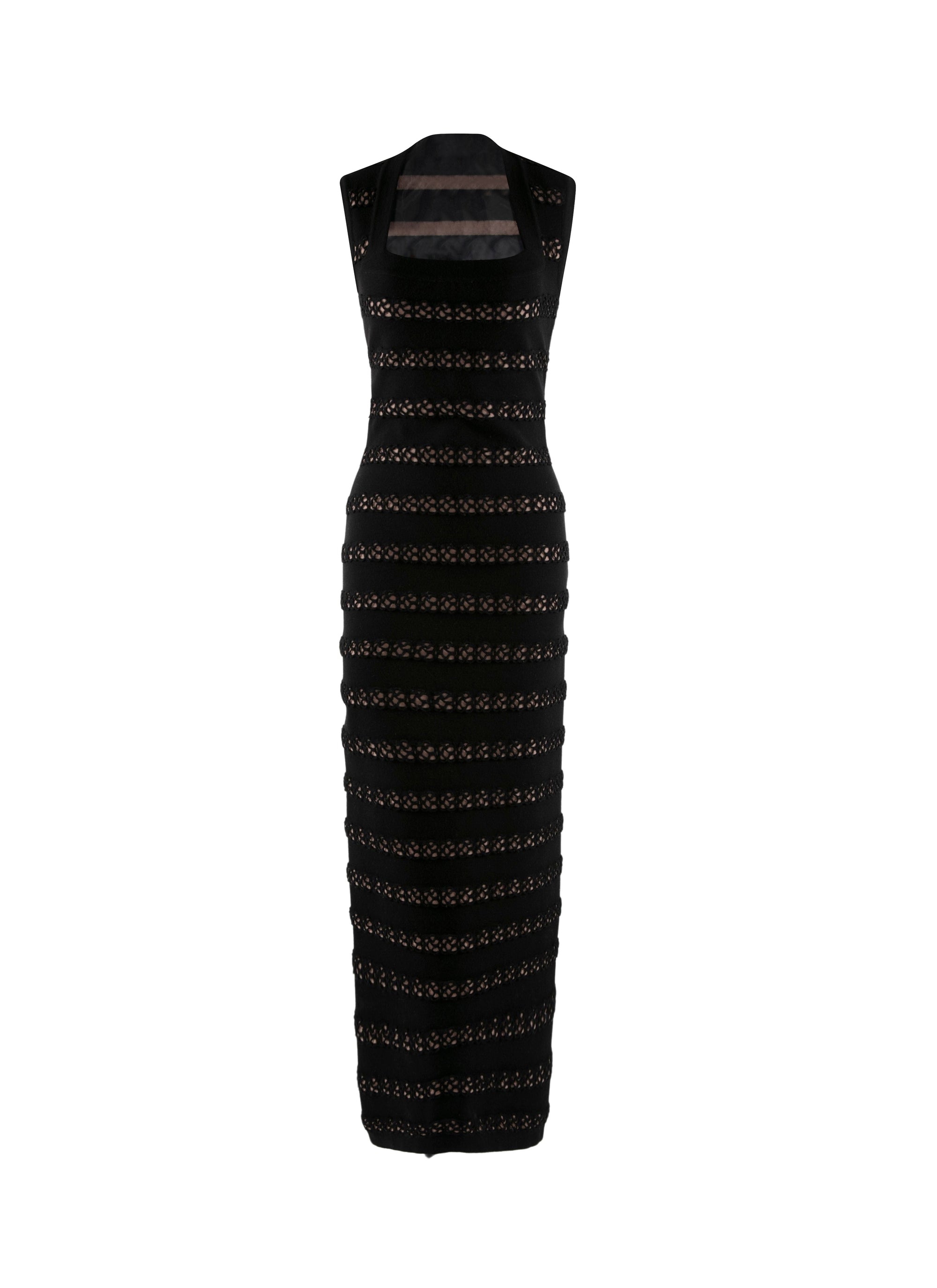 Sleeveless maxi dress with horizontal perforated stripes in wool - Black & Flesh