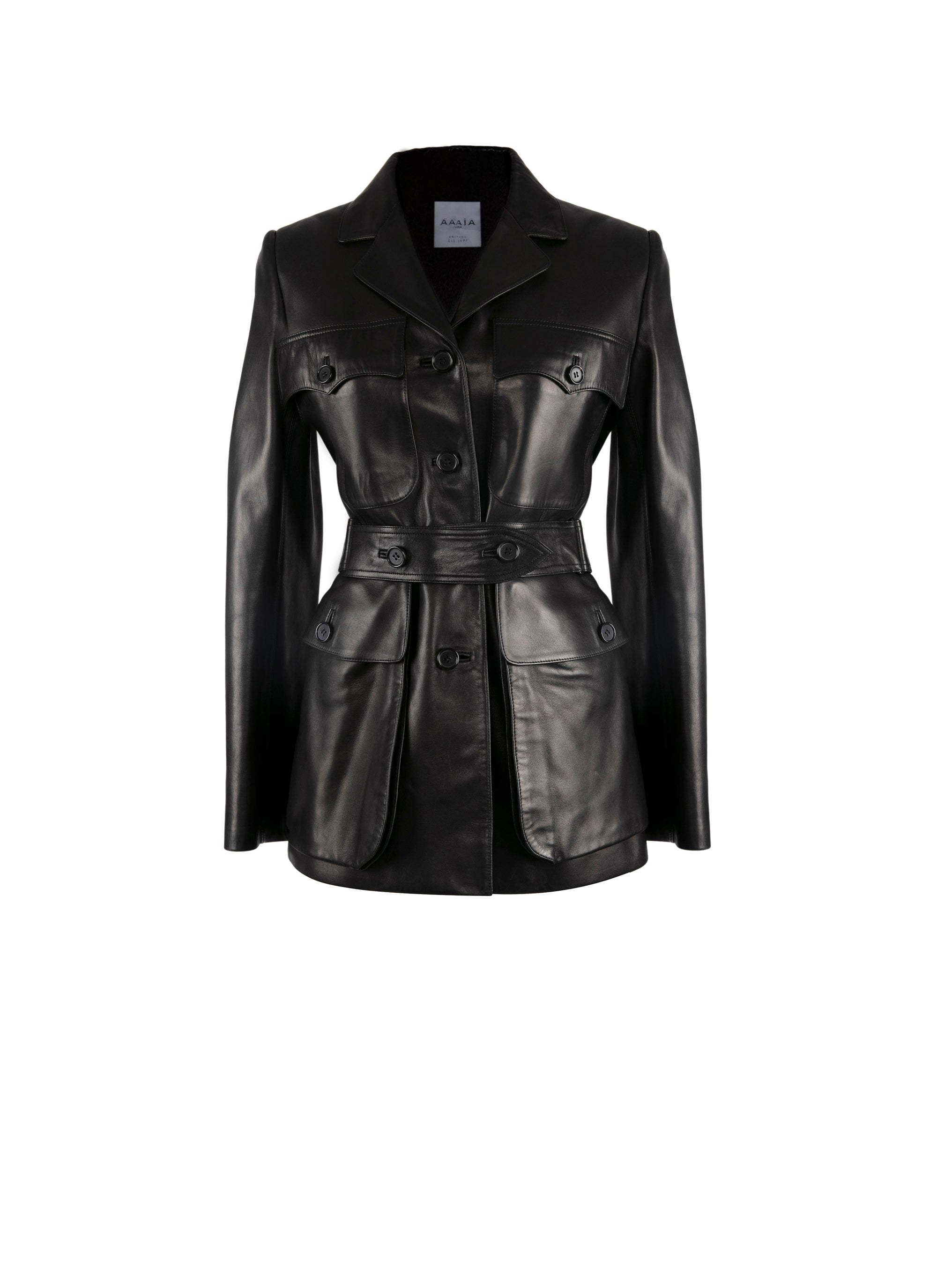 Veste plongée ceinturée en cuir - Noir