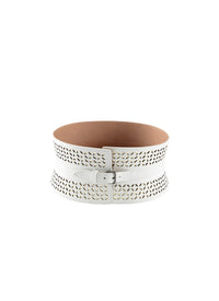Perforated leather single buckle corset belt - White & Gold