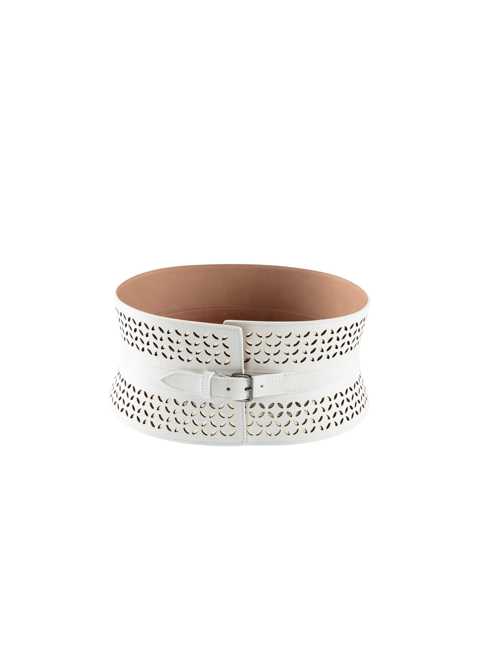 Perforated leather single buckle corset belt - White & Gold