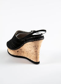 Sandales à talons liège compensées en cuir - Noir