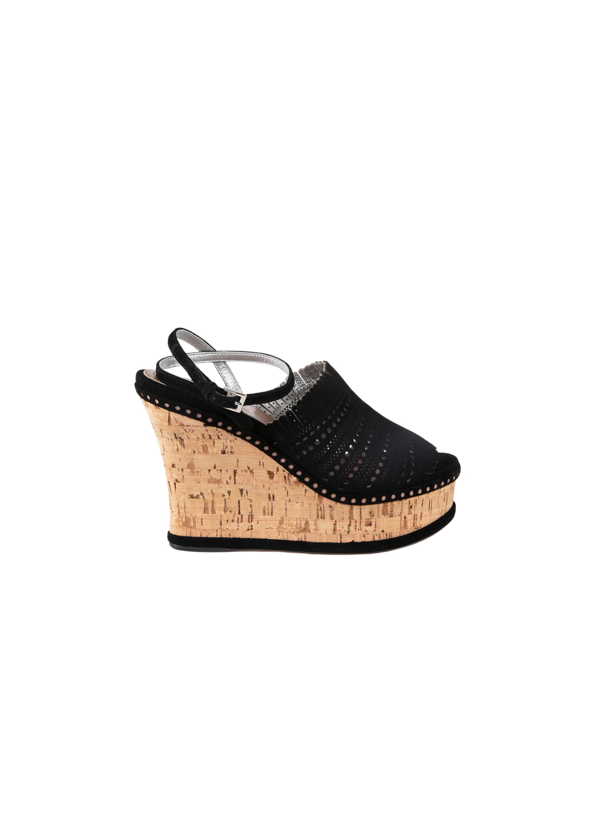 Sandales à talons liège compensées en cuir - Noir