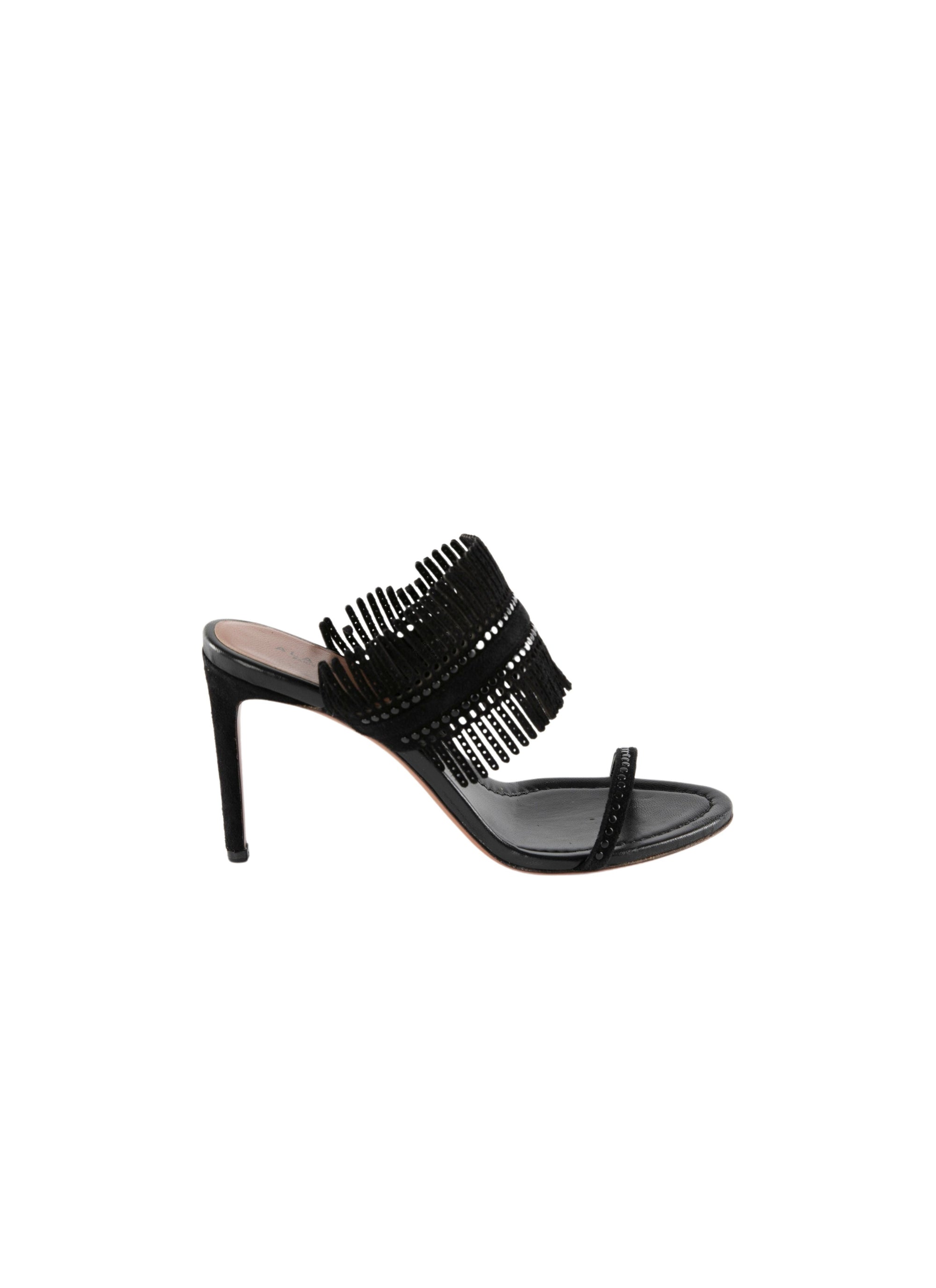 Mules with fringed strap heels in leather - Black intense
