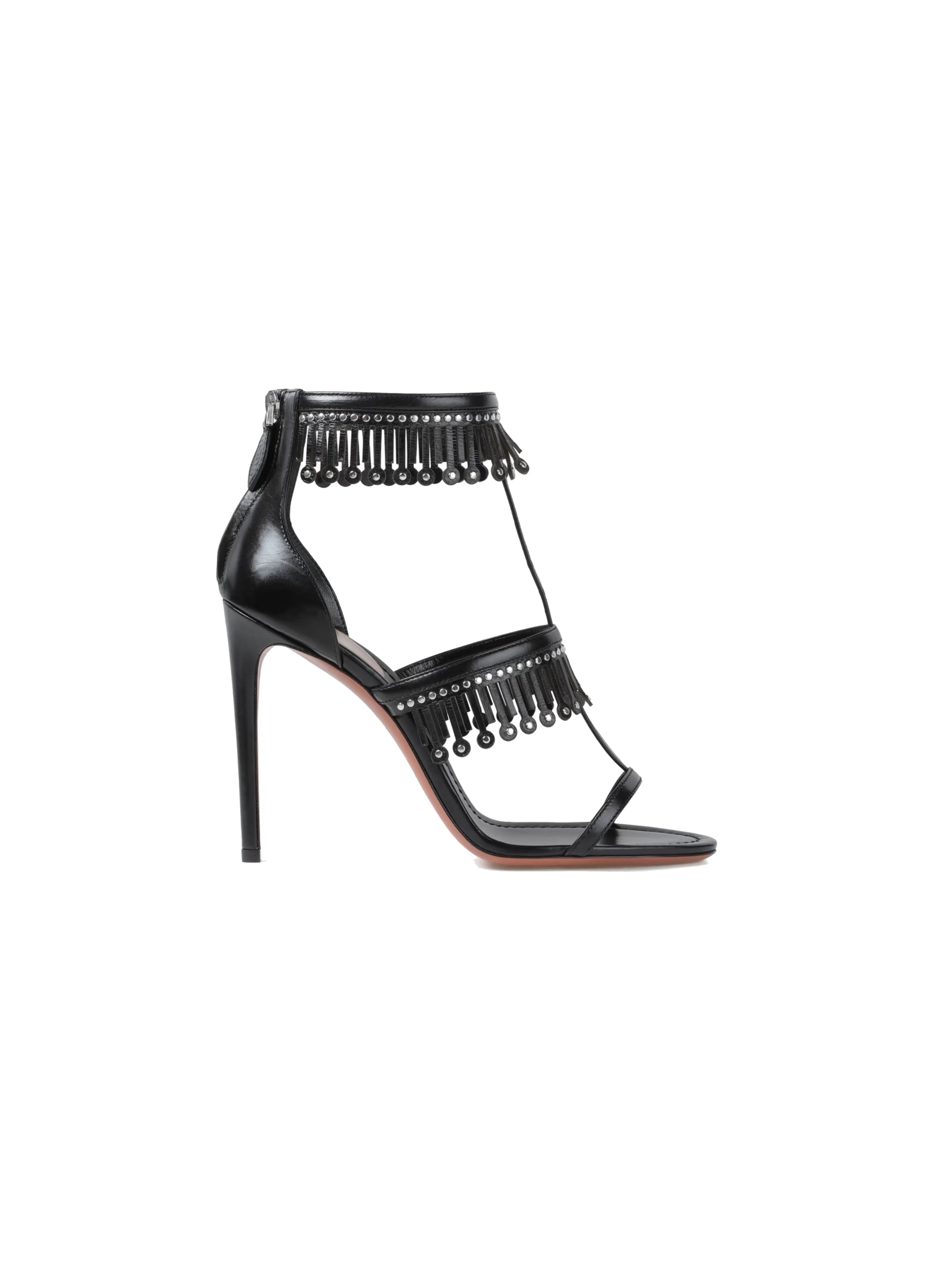 Sandales à franges cloutées coupées au laser en cuir - Noir