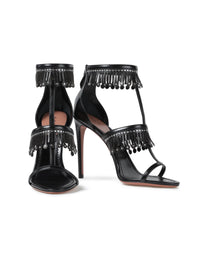 Sandales à franges cloutées coupées au laser en cuir - Noir