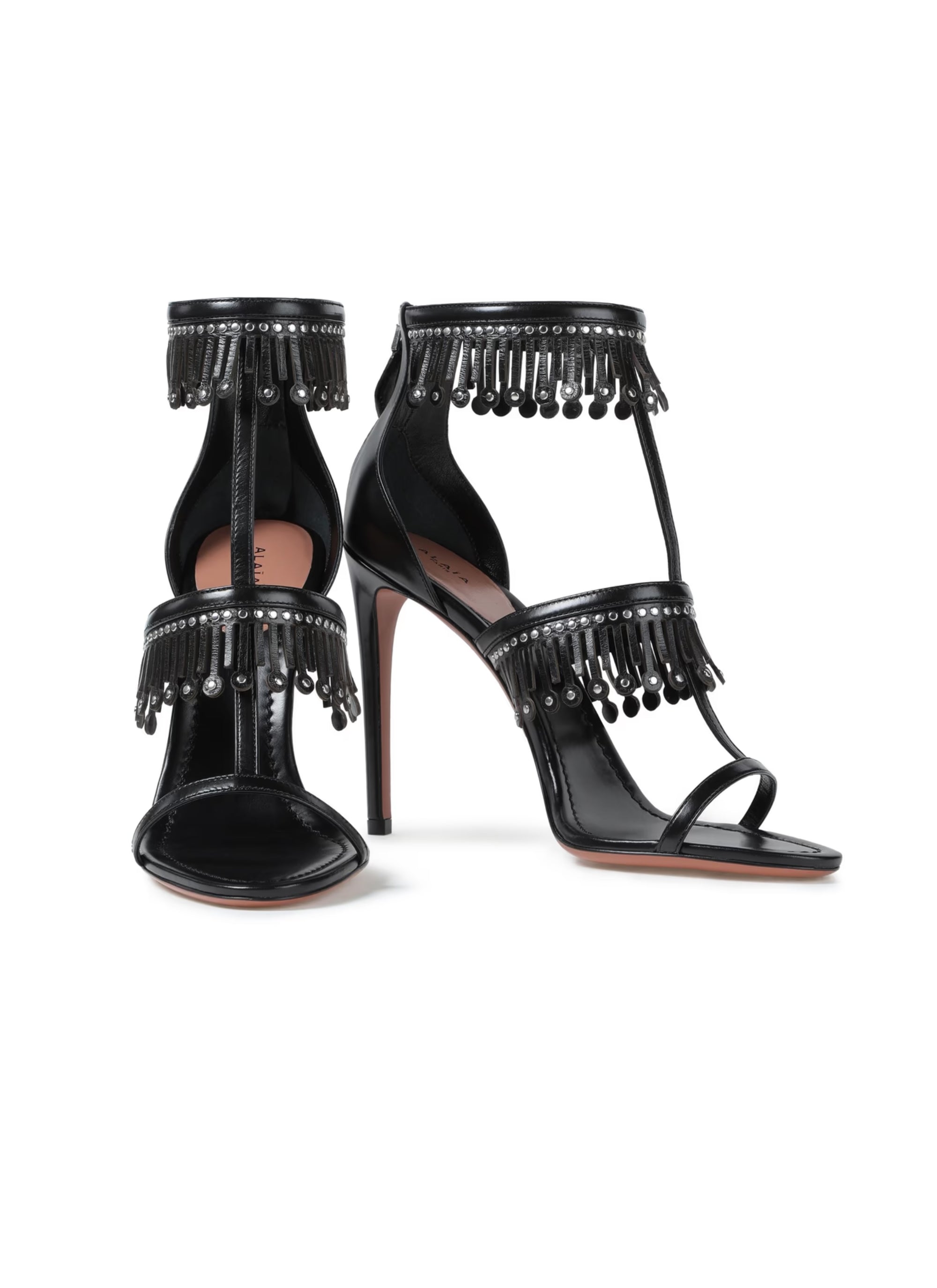 Sandales à franges cloutées coupées au laser en cuir - Noir